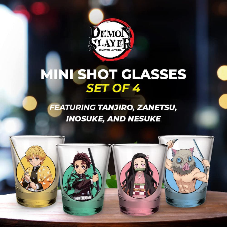 Demon Slayer Mini Glasses | Set of Four 2oz Shot Glasses | Featuring Tanjiro, Zen'itsu, Inosuke, and Nezuko | Drinking Glasses | Officially licensed - gabescaveccc