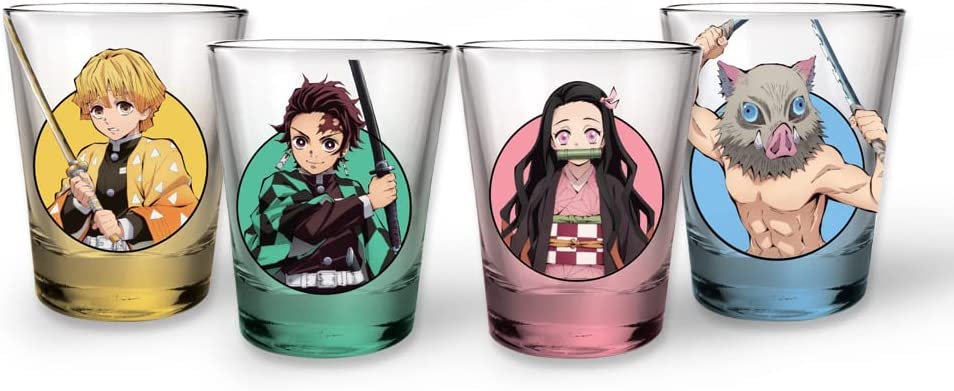 Demon Slayer Mini Glasses | Set of Four 2oz Shot Glasses | Featuring Tanjiro, Zen'itsu, Inosuke, and Nezuko | Drinking Glasses | Officially licensed - gabescaveccc