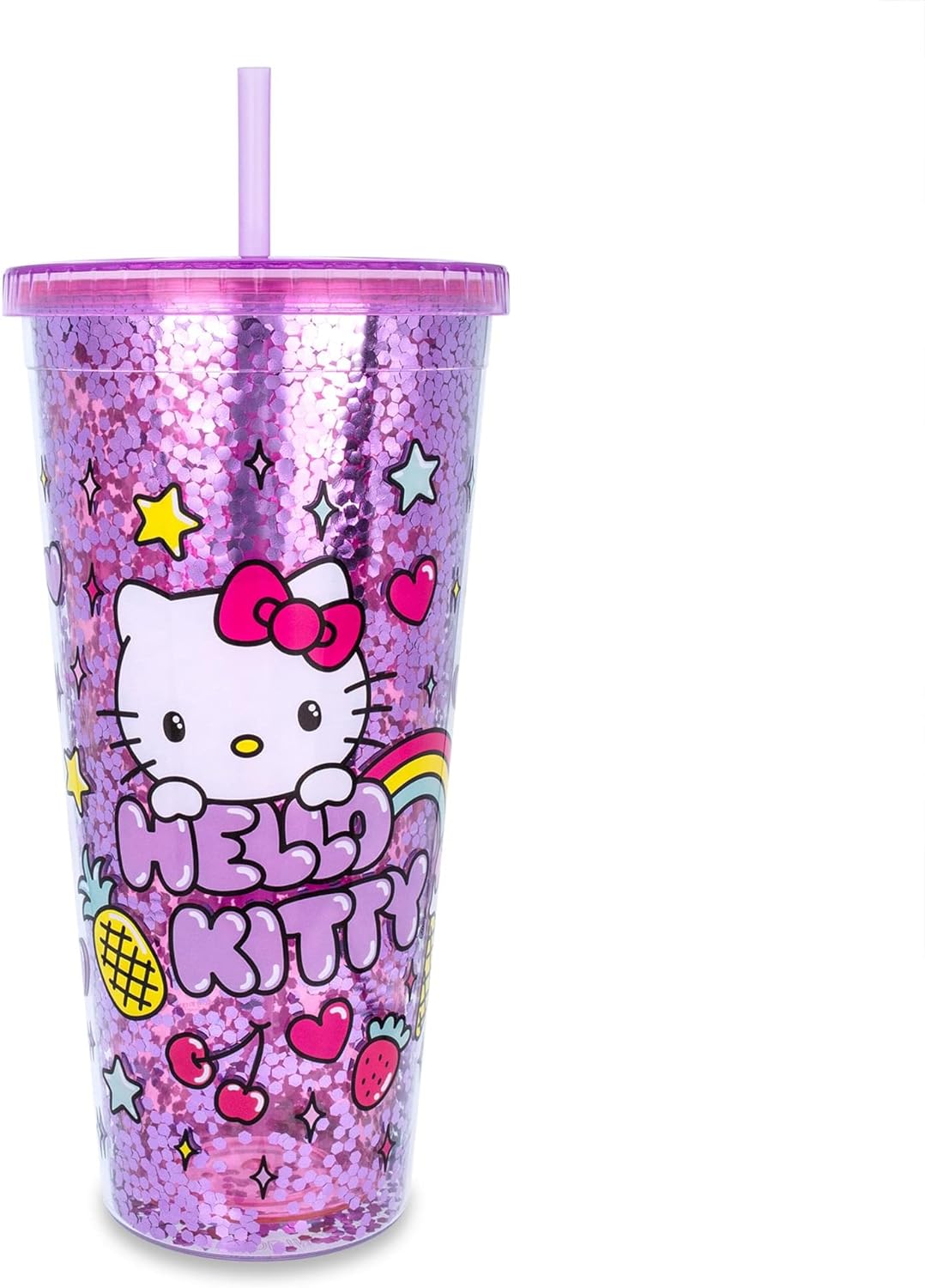 Hello Kitty Rainbow Confetti Plastic Carnival Cold Cup, Travel Tumbler With Leakproof Lid and Reusable Straw 32 Ounces - gabescaveccc