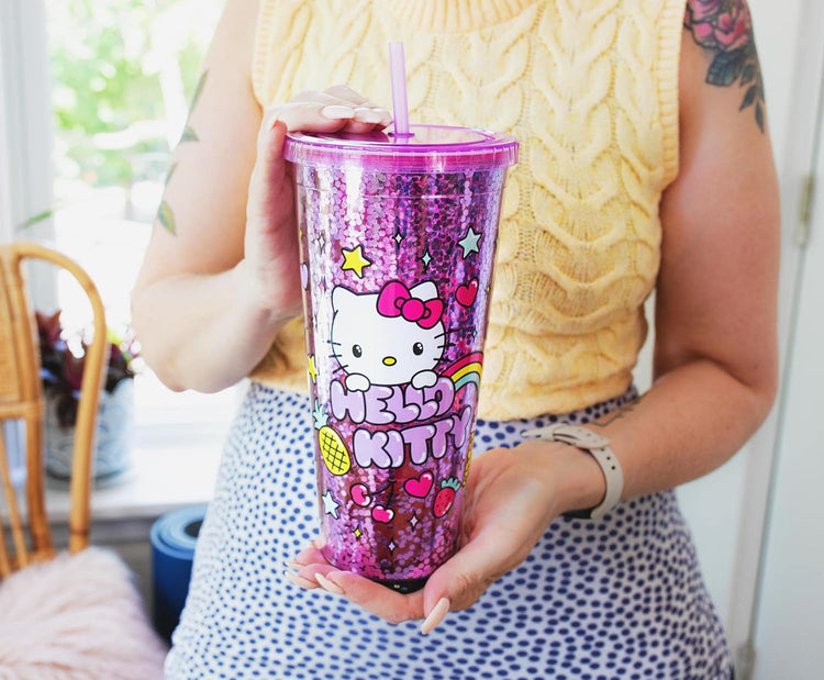 Hello Kitty Rainbow Confetti Plastic Carnival Cold Cup, Travel Tumbler With Leakproof Lid and Reusable Straw 32 Ounces - gabescaveccc